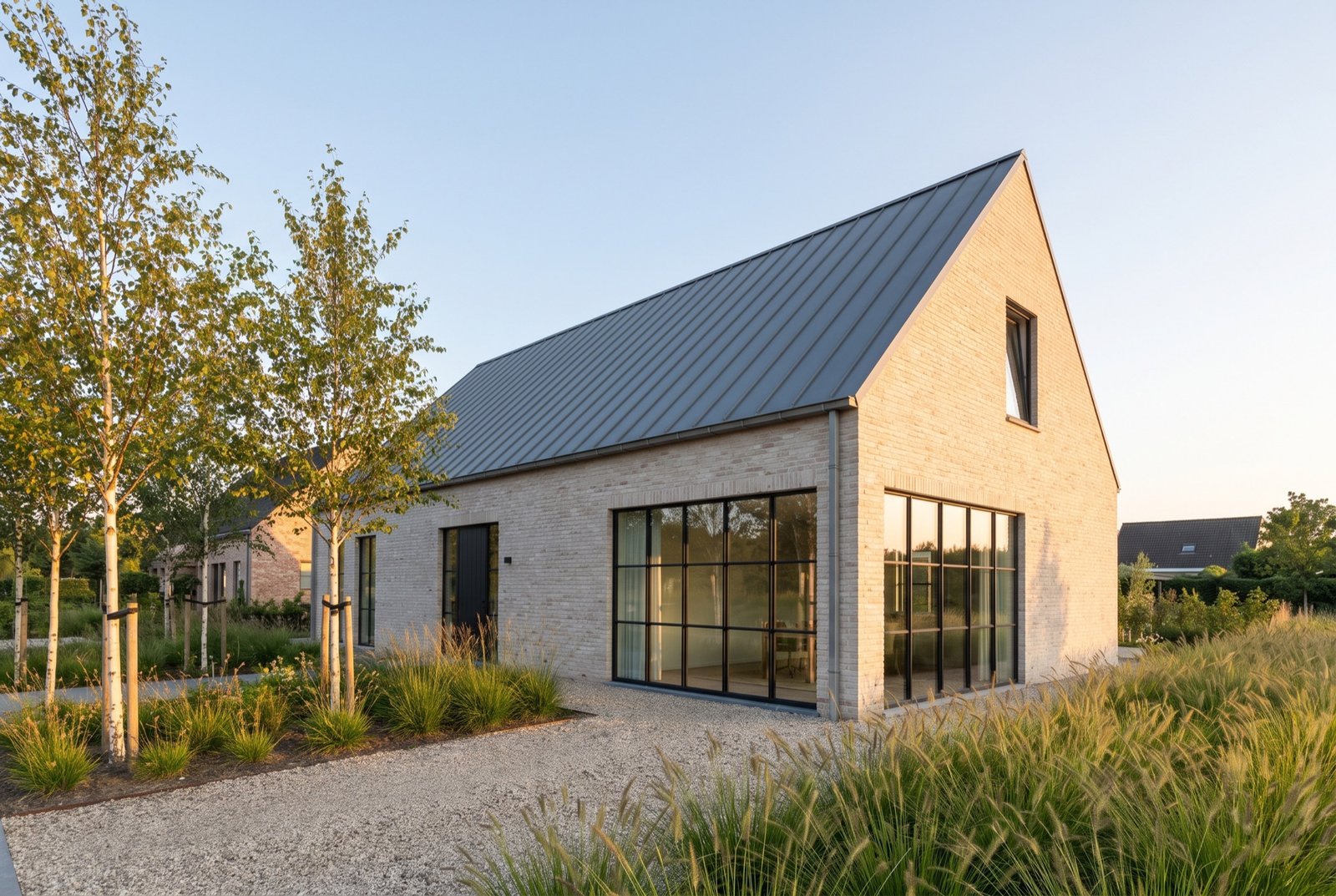 New-build house in pale brick and zinc among young trees