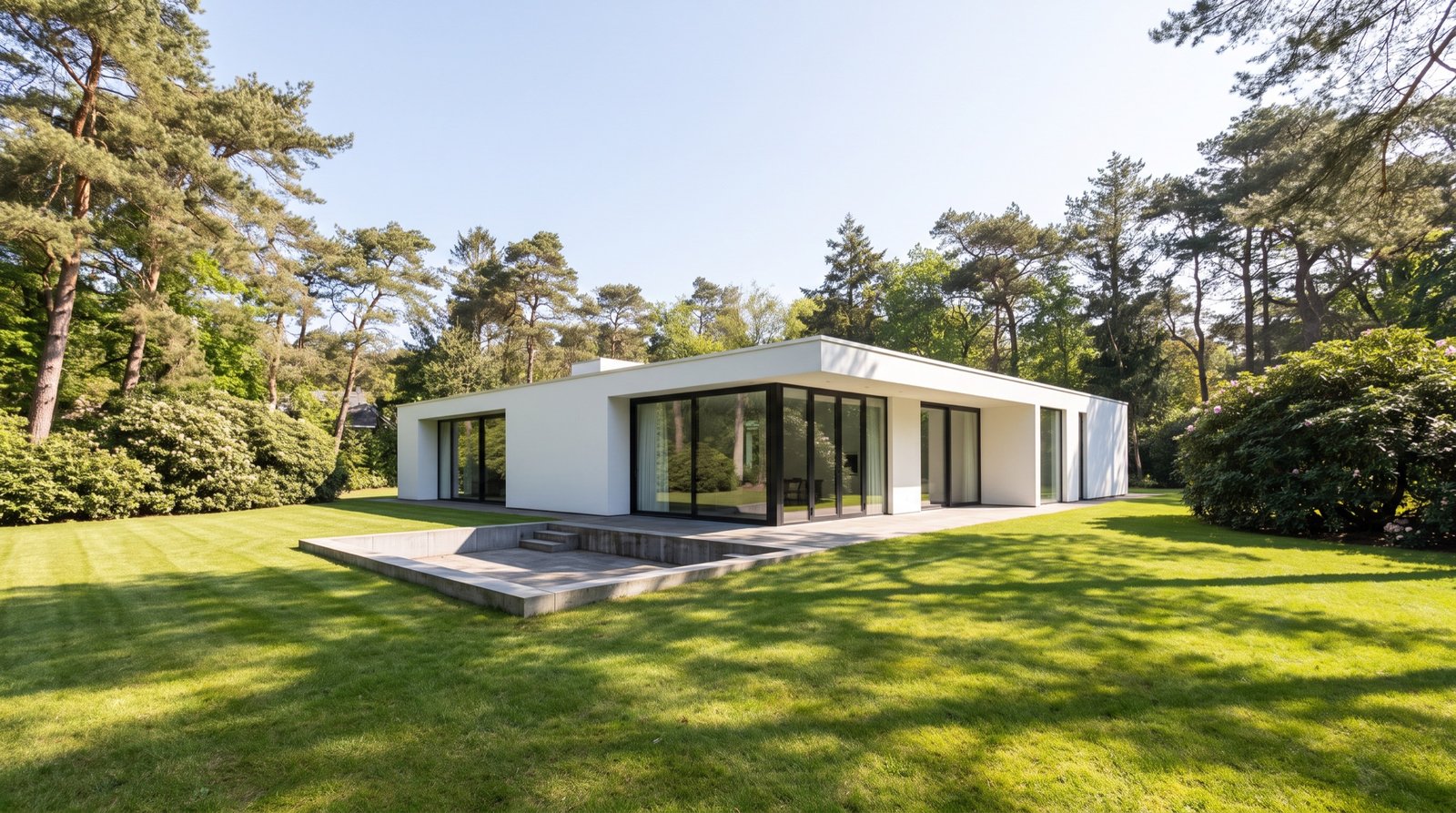 White modernist pavilion house on a lawn under a clear blue sky