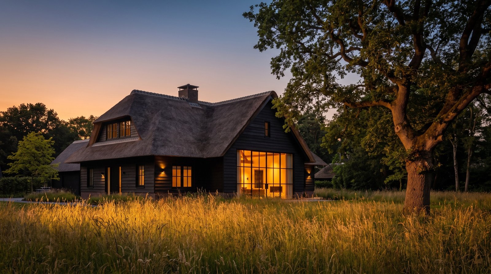 Black timber villa with a thatched roof at sunset