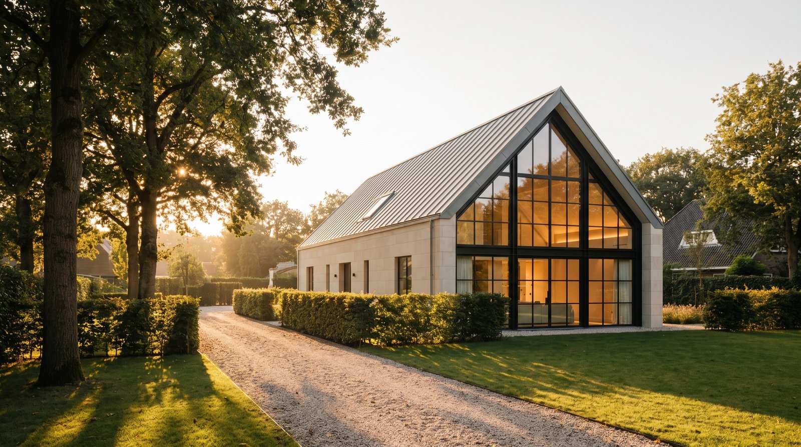 New-build gabled villa of pale limestone and zinc among old oak trees at golden hour