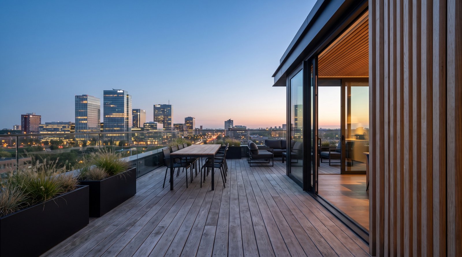 Penthouse roof terrace at dusk above the Zuidas skyline