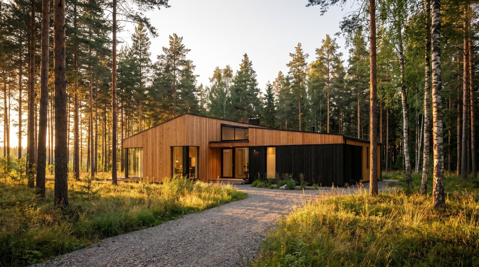 Modern wooden house among pines in golden light